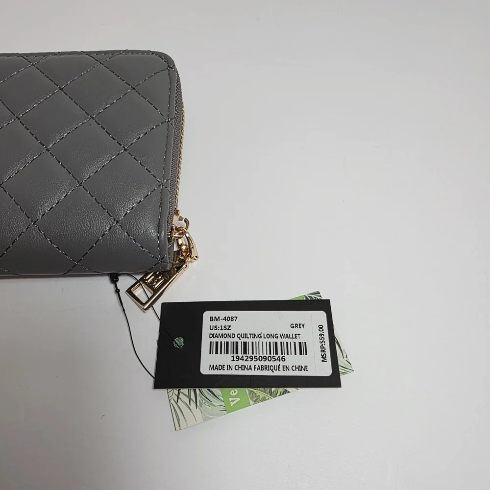 Badgley Mischka Grey Quilted Zip Around Wallet Vegan Leather Gold Logo Wristlet - Picture 2 of 9